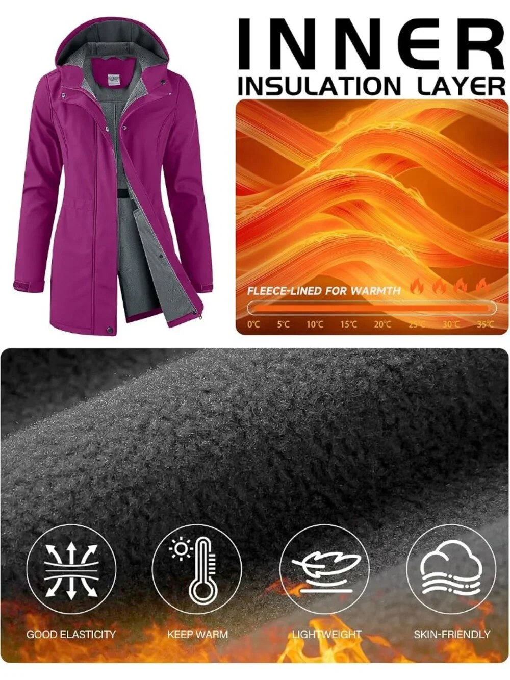 Women's Magenta Hooded Fleece Lined Waterproof Hiking Softshell Long Rain Jacket